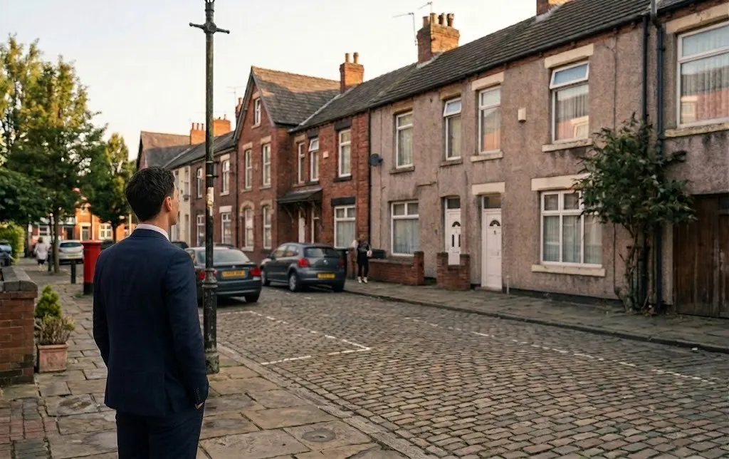Luca Antoniazzi looking along a terraced street of brick houses
